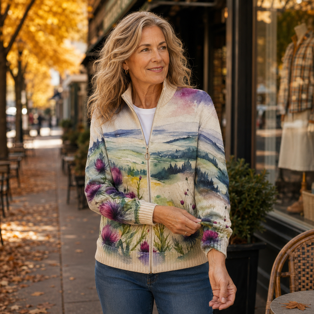 ZELDA | Zip cardigan with thistle print
