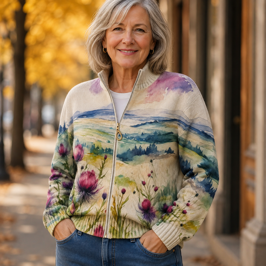 ZELDA | Zip cardigan with thistle print