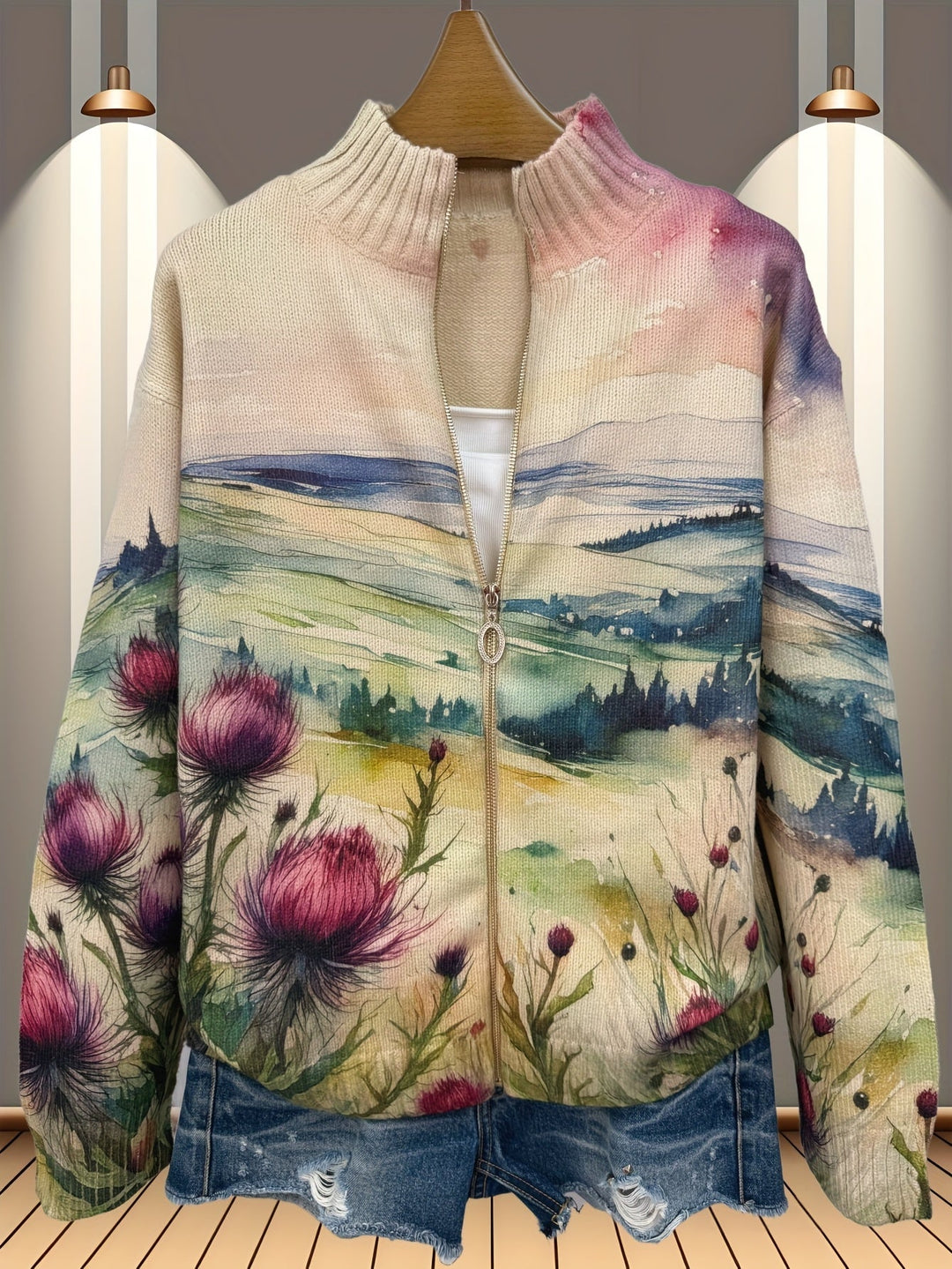 ZELDA | Zip cardigan with thistle print