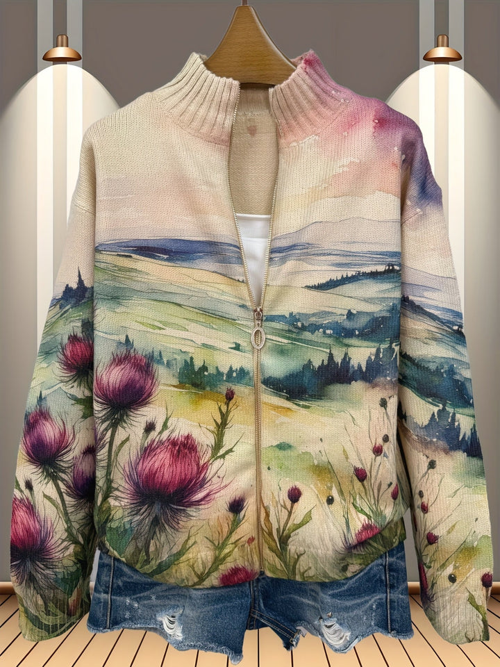 ZELDA | Zip cardigan with thistle print