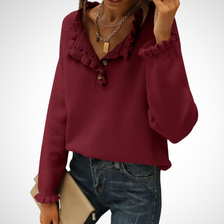 WYNN - Chic Long Sleeve Pullover Half Button Sweater