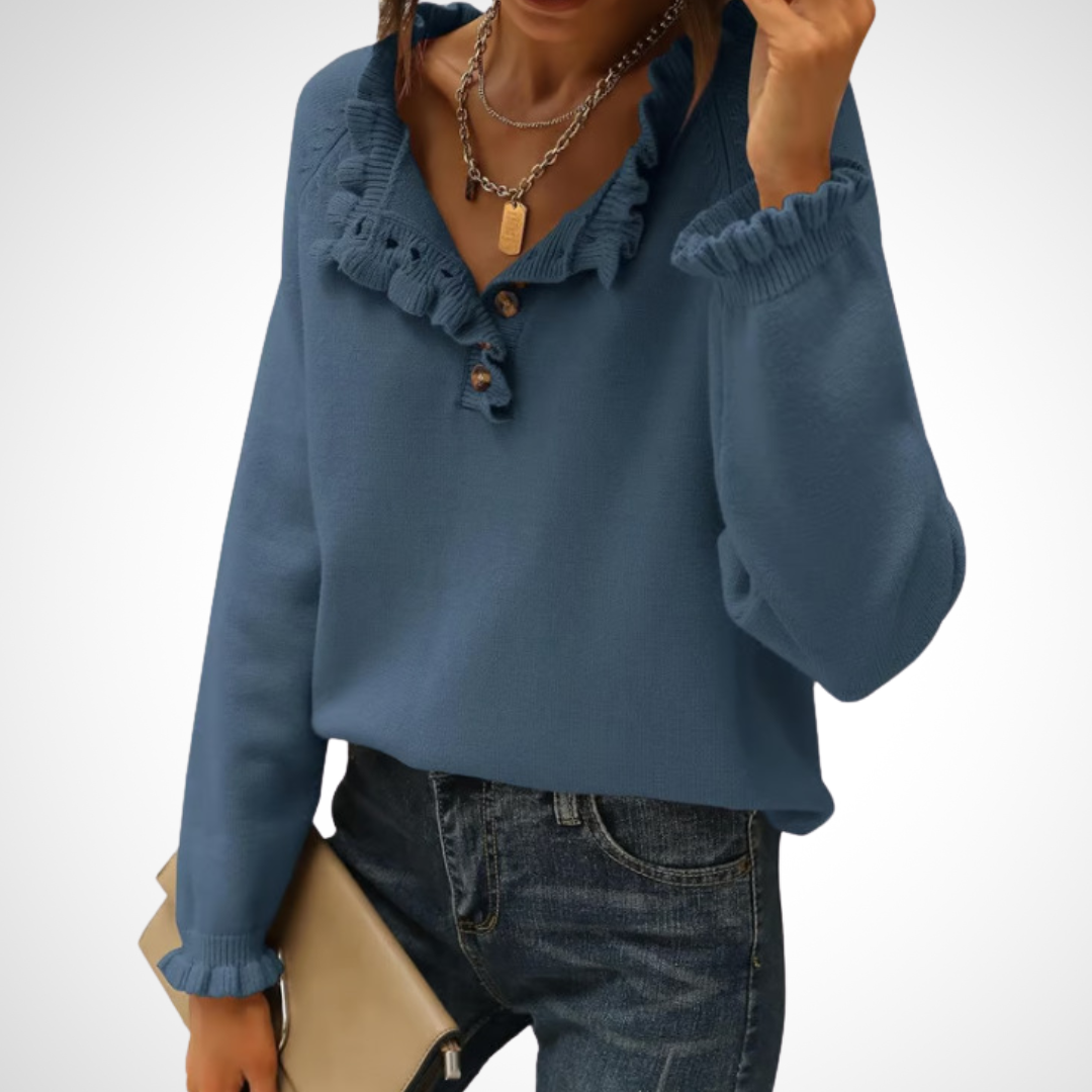 WYNN - Chic Long Sleeve Pullover Half Button Sweater