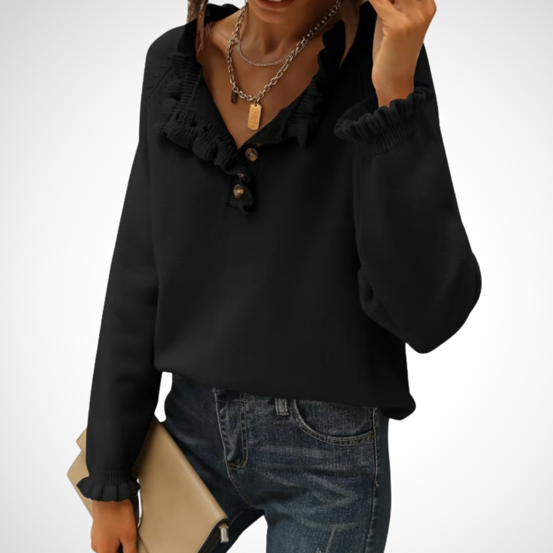 WYNN - Chic Long Sleeve Pullover Half Button Sweater