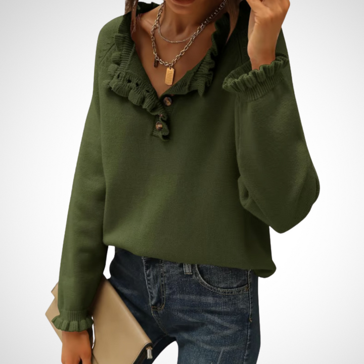 WYNN - Chic Long Sleeve Pullover Half Button Sweater