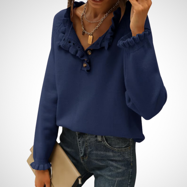 WYNN - Chic Long Sleeve Pullover Half Button Sweater
