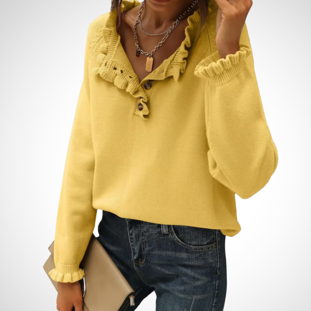 WYNN - Chic Long Sleeve Pullover Half Button Sweater