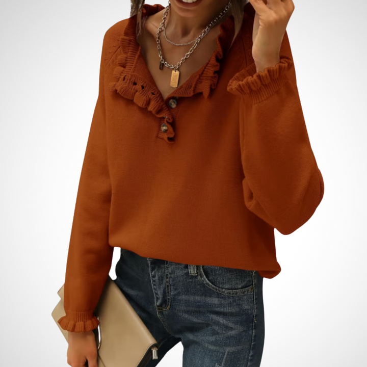 WYNN - Chic Long Sleeve Pullover Half Button Sweater