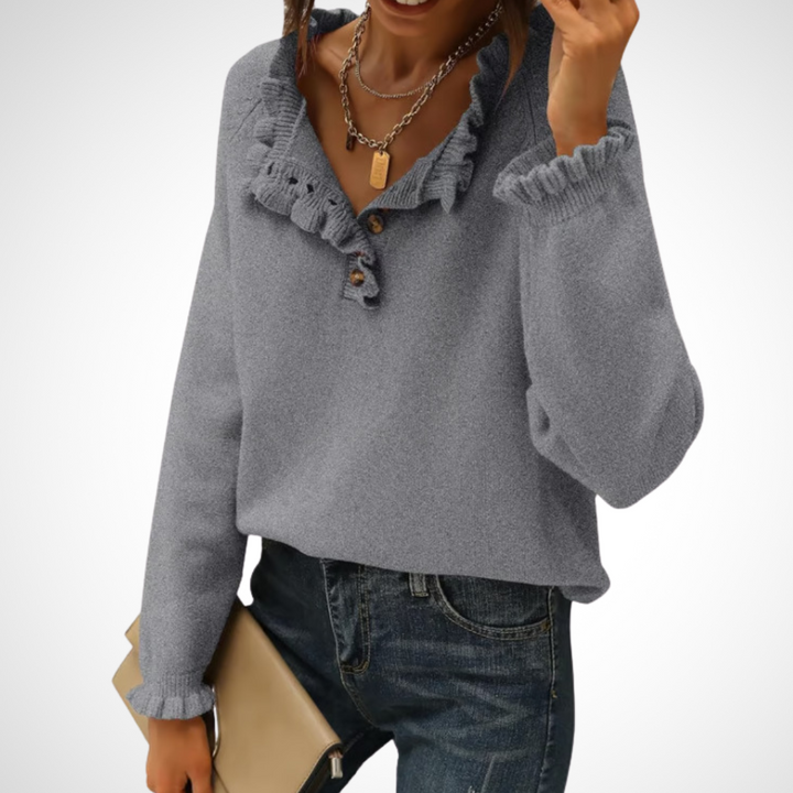 WYNN - Chic Long Sleeve Pullover Half Button Sweater