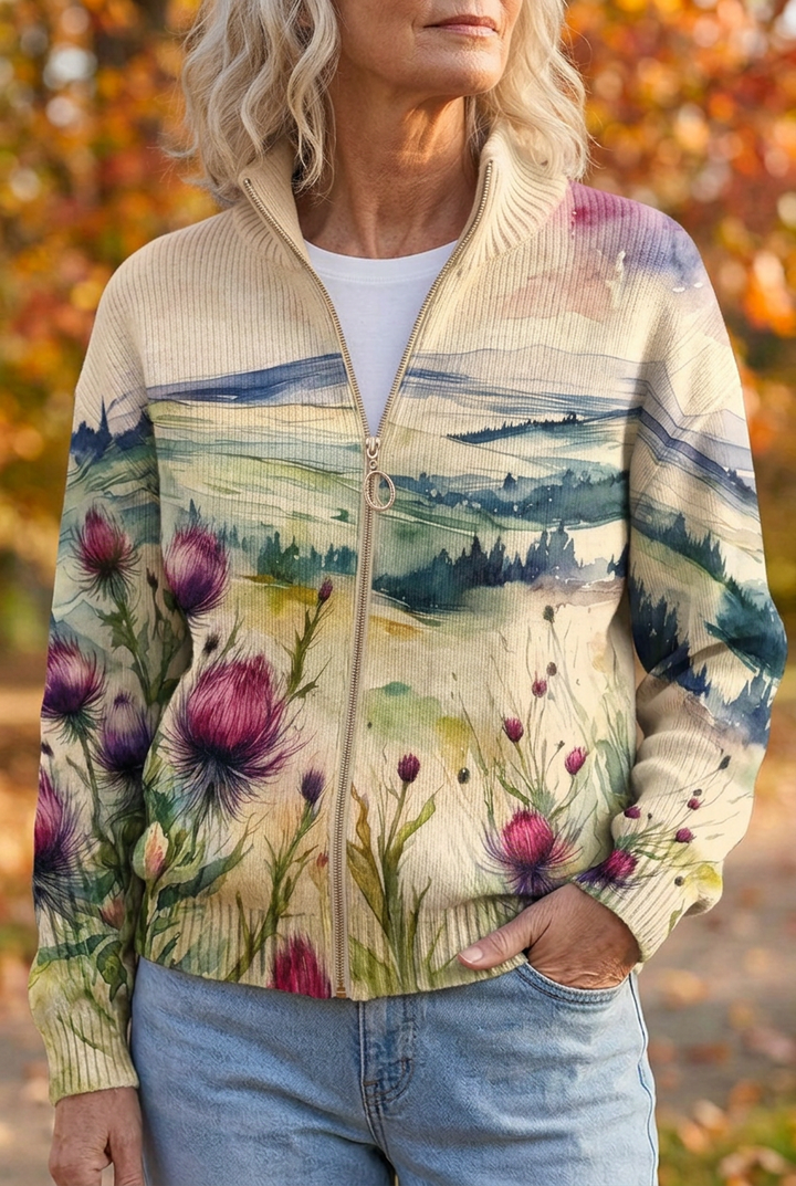 ZELDA | Zip cardigan with thistle print