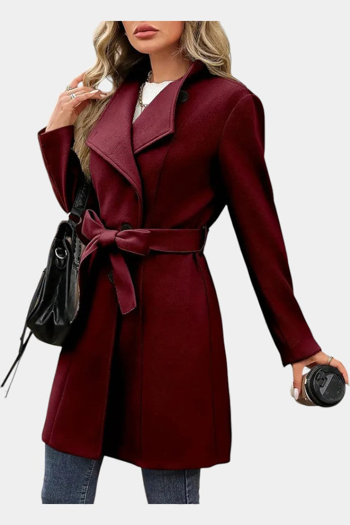 Yuliana Long Button-Up Coat with Waist Tie