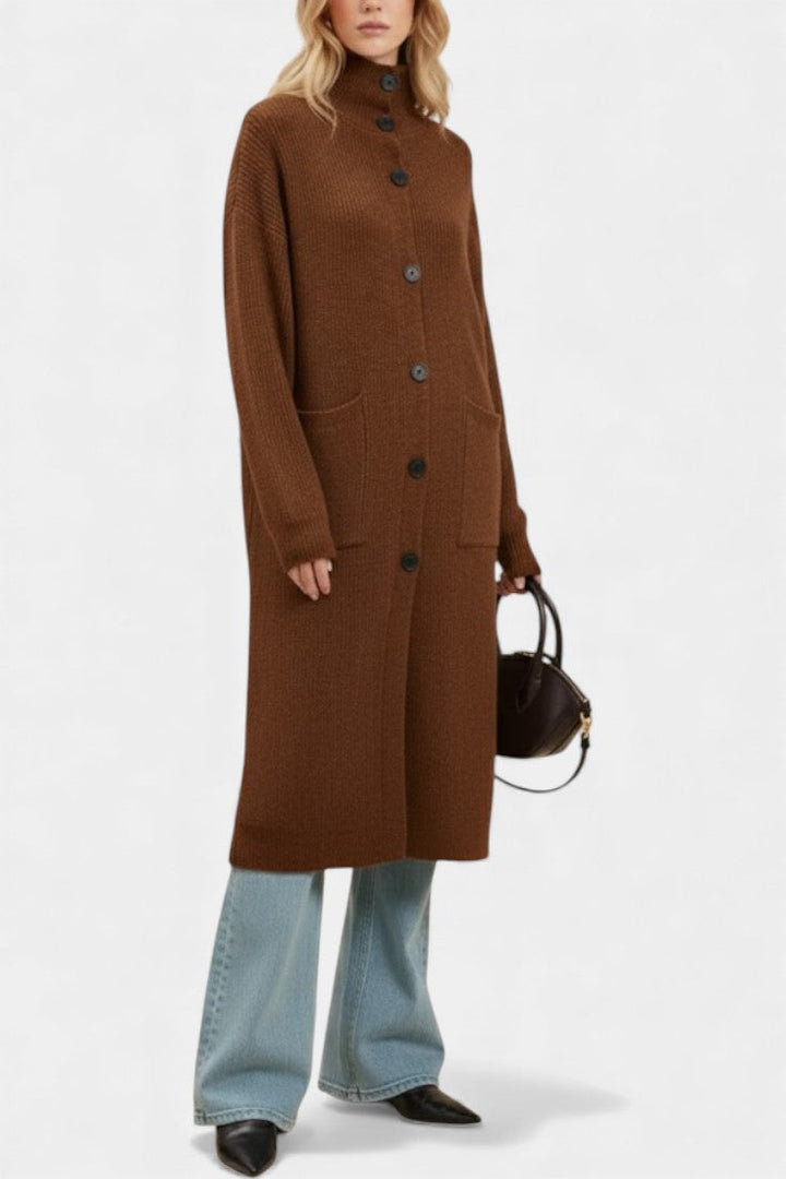 Clarisse Long Knit Coat Featuring a Cozy Turtleneck and Button Closure