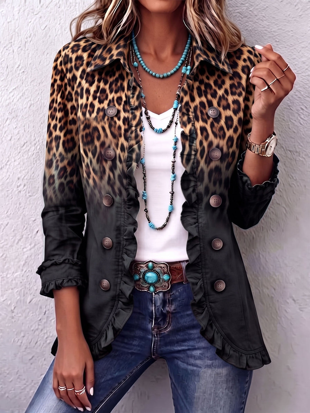 Chloe™ | Bold Boho Leopard &amp; Teal Ruffle Blazer Jacket