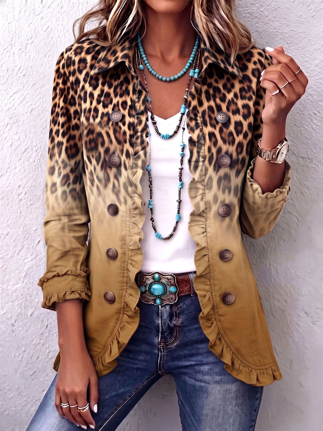 Chloe™ | Bold Boho Leopard &amp; Teal Ruffle Blazer Jacket