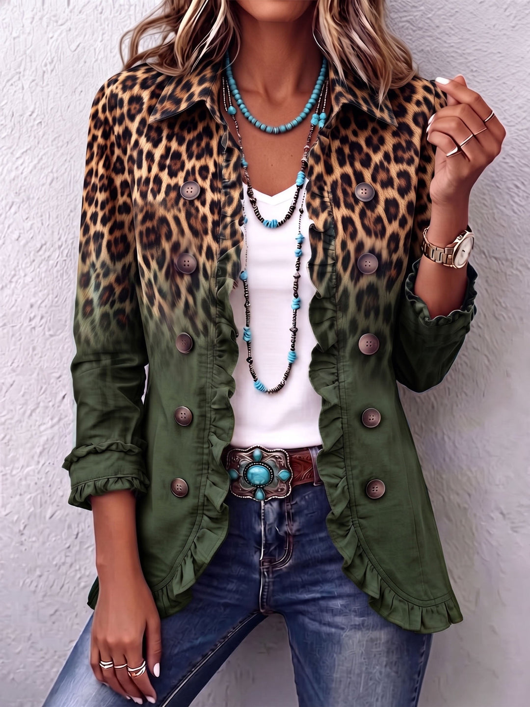 Chloe™ | Bold Boho Leopard &amp; Teal Ruffle Blazer Jacket